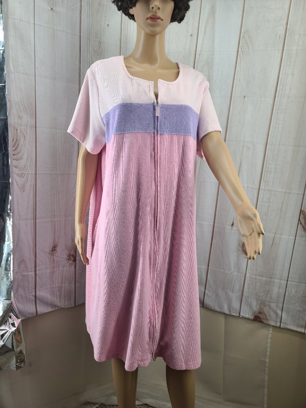 Stan Herman Women 1X Pastel Color-block Zip Front Housecoat Terry-Cloth Vintage
